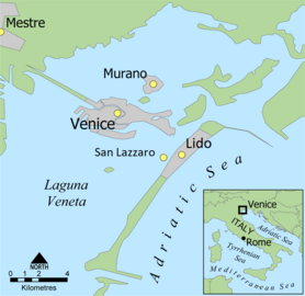 Carte couleur montrant l'emplacement de San Lazzaro, entre Venise et le Lido.