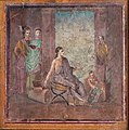 Image 58Female painter sitting on a campstool and painting a statue of Dionysus or Priapus onto a panel which is held by a boy. Fresco from Pompeii, 1st century (from Painting)