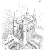 La porte fortifiée de l'enceinte de Charles V, avec la fortification (muraille et fossé).