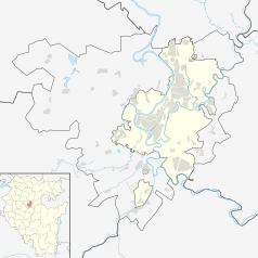 Mapa konturowa Ufy, na dole znajduje się punkt z opisem „UFA”