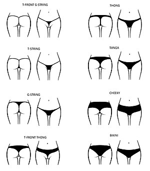 Diversos tipos de tanga segundo o seu nome en inglés