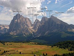 El grup del Sassolungo vist de l'Alpe di Siusi amb indicació de les principals cimeres.