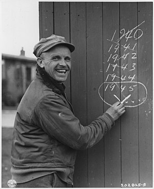 Sgt. Edward Hill of Manchester, England, freed from five years of captivity at Dulag Luft, by the American Seventh Armored Division, First Army, circa 29 March 1945