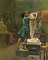 Pygmalion ja Galatea (1890), Jean-Léon Gérômen maalaus. Antiikin kirjailija Ovidius kuvasi tarinassaan, kuinka kuvanveistäjä Pygmalion herättää tekemänsä Galatea-veistoksen eloon suudelmalla.[57]