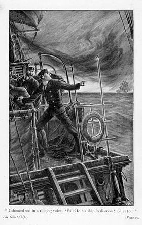 Apparition du Hollandais volant. Illustration du roman The Ghost Ship, par John Conroy Hutcheson (en)