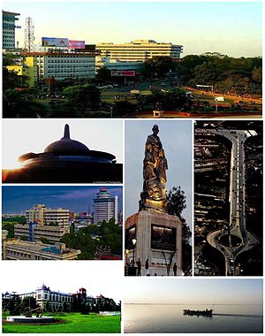 Anticlockwise from top: South-West Gandhi Maidan Marg, Stupa of Buddha Smriti Park, Skyline near Biscomaun Bhawan, Patna Museum, Statue of Mahatma Gandhi in Gandhi Maidan, Mithapur Flyover and river Ganges