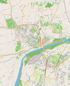 Mapa konturowa Sandomierza, w centrum znajduje się punkt z opisem „Ratusz w Sandomierzu”