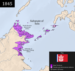 Mapang nagpapakita sa lawak ng Sultanato ng Sulu taong 1845, kung saan ang pangunahing teritoryo ng Sulu ay kulay lila, at ang mga kampon na mga teritoryo nito ay kulay maliwanag-na-lila.