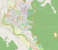 Mapa konturowa Mielca, u góry znajduje się punkt z opisem „Polskie Zakłady Lotnicze Sp. z o.o.”