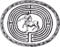 Redrawn version of a carved Renaissance gem showing the Minotaur at center of labyrinth