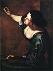 Artemisia Gentileschi, Autoretrat com l'al·legoria de la pintura (1630 aprox.). destaca la màniga arromangada del braç amb el que sosté el pinzell.