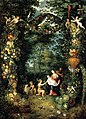 The Holy Family with St John by Jan BRUEGHEL the Younger 1630 rote Aras, Kakadu mit gelber Haube Eventuell Werk zweier Künstler 1. Blumenkranz und Vögel, 2. Landschaft und Personen