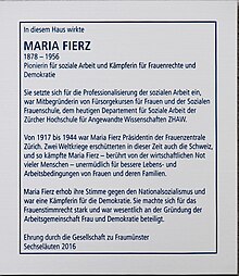 Gedenktafel von Maria Fierz am Schanzengraben 29, Zürich