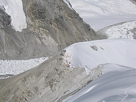 Camp I on the classic route on Cho Oyu, seen from further up the ridge