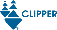 The Clipper logo. Two ships, each composed of three rounded blue triangles pointing upwards atop one blue triangle pointing downwards. The ship on the right is twice as large as the ship on the left. At the right is the word "Clipper" in all capital letters.