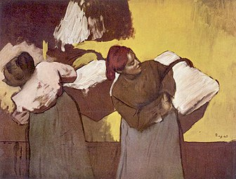 Après avoir porté seaux d'eau et baquets, il fallait livrer le linge propre au client, Lavandières peintes par Degas, carton, 46 x 61, collection H. J. Sachs, New York