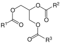 Allgemeine chemische Struktur von Ölen, wie Traubenkernöl. Darin sind R1, R2 und R3 Alkylreste (ca. 11 %) oder Alkenylreste (ca. 89 %) mit einer meist ungeraden Anzahl von Kohlenstoffatomen