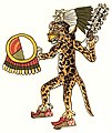 Skinnet av ein jaguar brukt som drakt av ein aztekisk krigar.