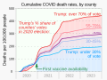 ◣OW◢ 20:23, 14 March 2024 — 202003- Cumulative county COVID-19 death rates - by share of votes for Donald Trump.svg