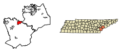 Location of Vonore in Monroe County, Tennessee.