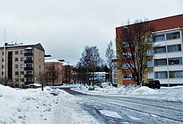 Kerrostaloja Oikokadulla, takana Cygnaeuksen koulu.