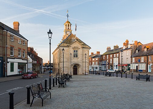 Brackley Town Hall in September 2018, seen from the north, with morning light.