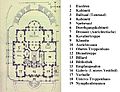 Grundriss des Erdgeschosses mit dem Ballsaal (3) und den Eexdren (1).