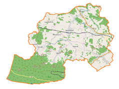 Mapa konturowa gminy Stara Kamienica, blisko centrum u góry znajduje się punkt z opisem „Stara Kamienica”