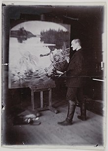 Alex Gallén en train de peindre La Légende d'Aïno dans son atelier à Malmi, Helsinki, Finlande, en 1891.