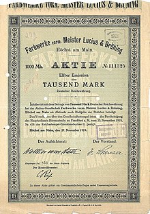 Aktie der Farbwerke vorm. Meister Lucius & Brüning über 1000 Mark, ausgegeben am 27. November 1919 in Höchst am Main, mit Unterschrift von Walther vom Rath als Aufsichtsratsvorsitzender und von Geh. Regierungsrat Dr. Dr. Ing. h.c. Adolf Haeuser als Vorstandsvorsitzender