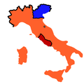 Italy in 1861: orange Kingdom of Italy, blue Kingdom of Lombardy–Venetia (Austrian Empire), red Papal States