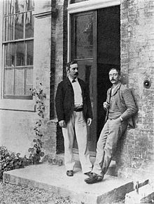 Charles Smart Roy and Charles Scott Sherrington (right), at the door of the Old Pathological Laboratory, Cambridge, 1893