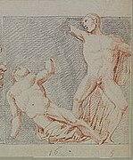 Drawing of a man fighting a centaur.