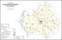 Map showing Tamanpur (#805) in Bachhrawan CD block