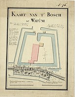 Het 'Bosch te Watum' dat deels op de dijk ten noorden van boerderij Hoogwatum lag. Gemaakt in verband met het plaatsen van de omheining rond het bos (op tekening) in 1809