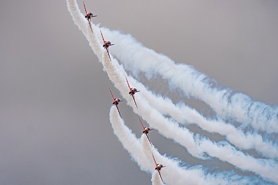 Red Arrows in formation flight at the Royal International Air Tattoo 2023.