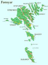 The Faroes with all the cities and villages and the streets between them.