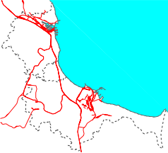 Mapa konturowa Trójmiasta, na dole znajduje się punkt z opisem „Gdańsk Wąskotorowy”