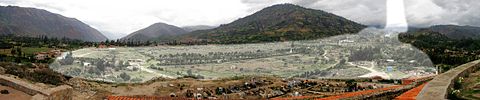 Yungay Viejo (2500 m) as seen from the cemetery hill. The light shaded area shows the location of the landslide (ice, mud, debris avalanche) on 31.05.1970, caused by an earthquake, in which a part of the western flank of Huascaran Norte broke (6652 m).