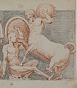 Drawing of a man fighting a centaur.