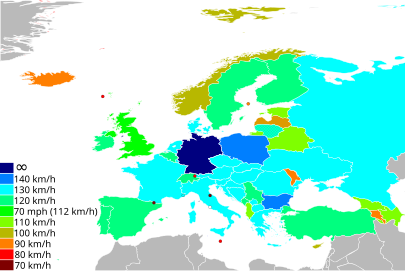 Carte des limitations de vitesse en Europe sur autoroute