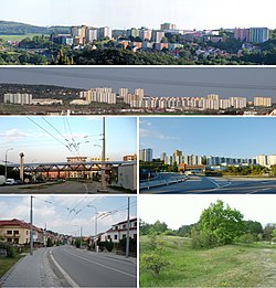 Městská část Brno-Nový Lískovec • Nahoře 1: Panoramatický pohled • Nahoře 2: Panoramatický pohled • Vlevo 1: Lávka na ulici Koniklecová • Vlevo 2: Ulice Rybnická • Vpravo 1: Sídliště Kamenný Vrch • Vpravo 2: Rezervace Kamenný vrch