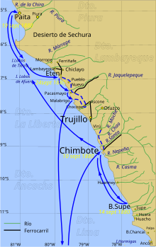 A map of the northern coast of Peru, showing the path the Lynch Expedition took