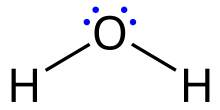 A lewis structure of a water molecule, composed of two hydrogen atoms and one oxygen atom sharing valence electrons