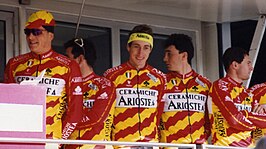 Bjarne Riis, Pascal Richard, Rolf Järmann, Fabio Casartelli en Giorgio Furlan op het podium, ploegvoorstelling Parijs-Nice in 1993