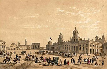 Colonial Plaza de Armas de Santiago in 1854 by Claude Gay.[22] In the foreground you can see the still intact Palace of the Real Audiencia of Chile, and in the background the unfinished Cathedral, both built by the Italian Joaquin Toesca.