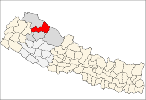 Mugu District i Karnali Zone (grå) i Mid-Western Development Region (grå + lysegrå)