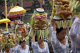 Balinese women in a procession for a festival in Ubud