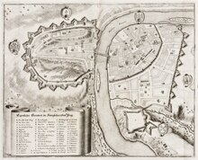 Plan ancien où l'on voit de part et d'autres de la rivière des zones urbanisés, enserrées dans des murailles pour celle de gauche.