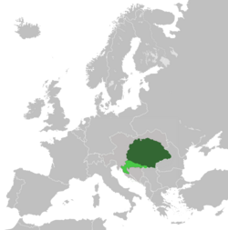 Kinricks o Hungary (dark green) an Croatie-Slavonie (licht green) within Austrick-Hungary in 1914